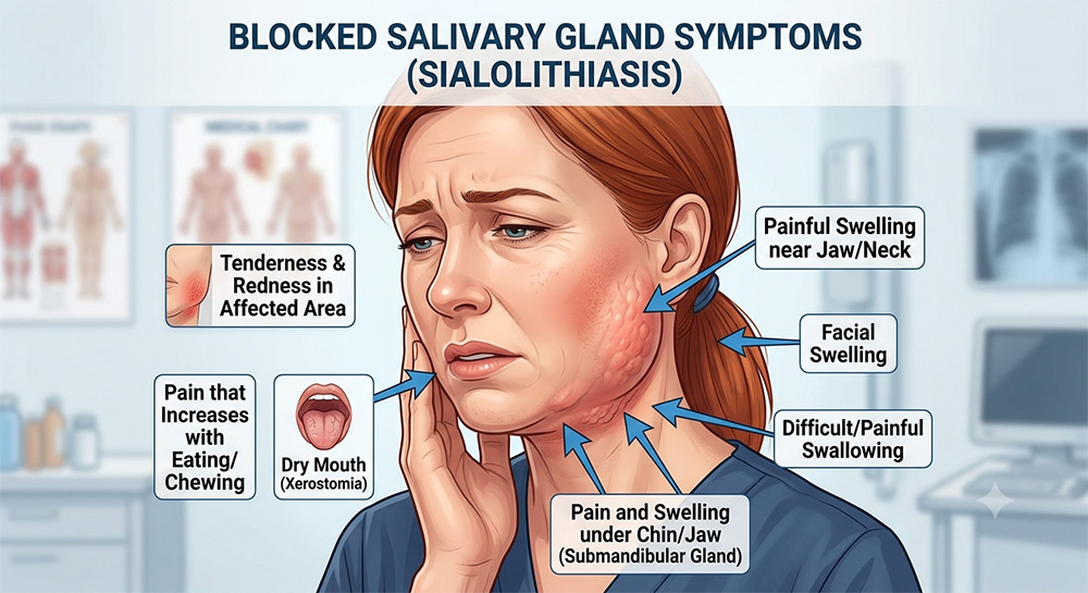 blocked salivary gland symptoms, recurring salivary gland swelling, blocked salivary duct